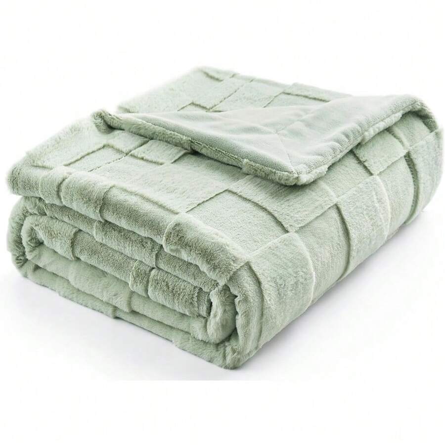 Checkered White Faux Rabbit Fur Throw Blanket, Soft Fuzzy Fluffy Minky Cream Furry Blankets For Couch, Bed (50 * 60 Inches Ivory) - Sage Green - View 1