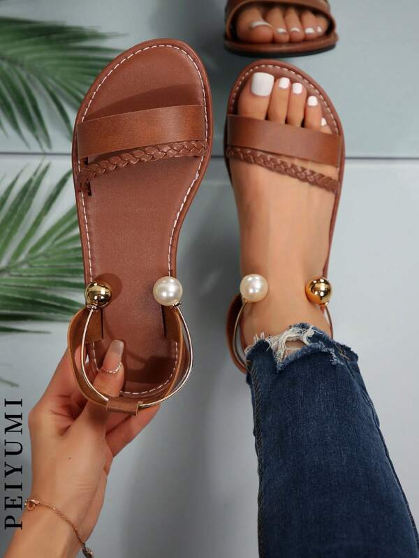 PEIYUMI New Women Pearl Anklet Flat Sandals, Fashion Casual Beach Shoes