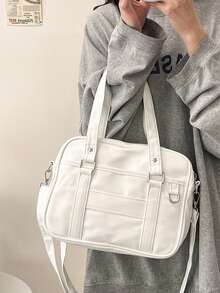 Minimalist Solid Color PU Leather Tote Bag For Women, Simple Fashion OL Commuter Handbag With Large Capacity, Shoulder Bag - White - View 3