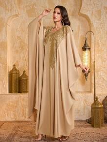 SUPGIR 女士 V 领手工亮钻飘逸袖修身褶饰雪纺晚礼服 - 香檳色 - 查看 6