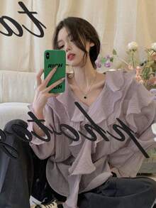 女式 V 领荷叶边长袖透明衬衫，时尚法式上衣，夏季 - 淡紫色 - 查看 1