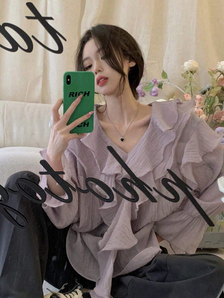 女式 V 领荷叶边长袖透明衬衫，时尚法式上衣，夏季 - 淡紫色 - 查看 1