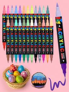 12/24支双色软头丙烯笔DIY水性丙烯墨水马克笔，颜色鲜艳，遮盖力强，快干防水，可堆叠颜色，多种颜色可自由搭配，适用于绘画、帆布绘画、玻璃DIY、涂鸦艺术绘画创作项目用品返校