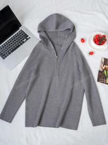 Women's Solid Color Half-Zip Hooded Long Sleeve Sweater, Autumn/Winter