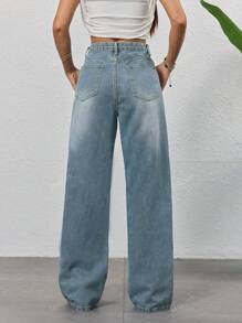 Pantalones vaqueros rectos y sueltos de diseño casual de primavera y verano con botones en diagonal para mujeres, estilo retro azul