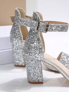 New Fashionable Women's Comfortable Thick Heel French Style High Heel Sandals, Summer,Chunky Heels - Silver - View 3