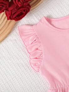 3pcs/Set Young Girls' Valentine's Day Summer Fashion Flutter Sleeve Heart Print + Solid Color Patchwork Casual Dress Outfit - Multicolor - View 6