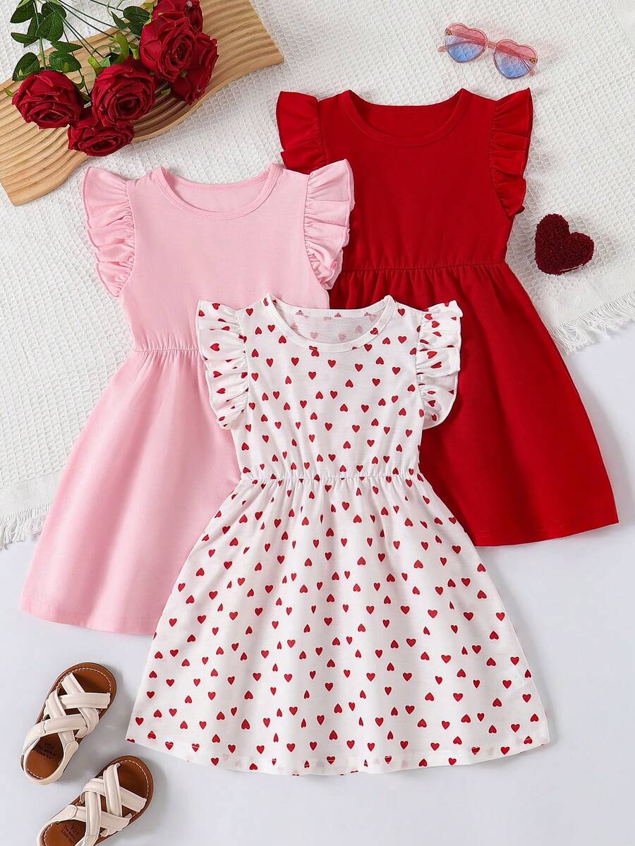 3pcs/Set Young Girls' Valentine's Day Summer Fashion Flutter Sleeve Heart Print + Solid Color Patchwork Casual Dress Outfit - Multicolor - View 1