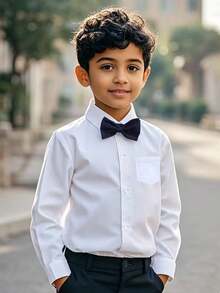青少年男孩经典长袖正装衬衫，带领和领结，适合派对、婚礼、节日礼物 - 白色 - 查看 10