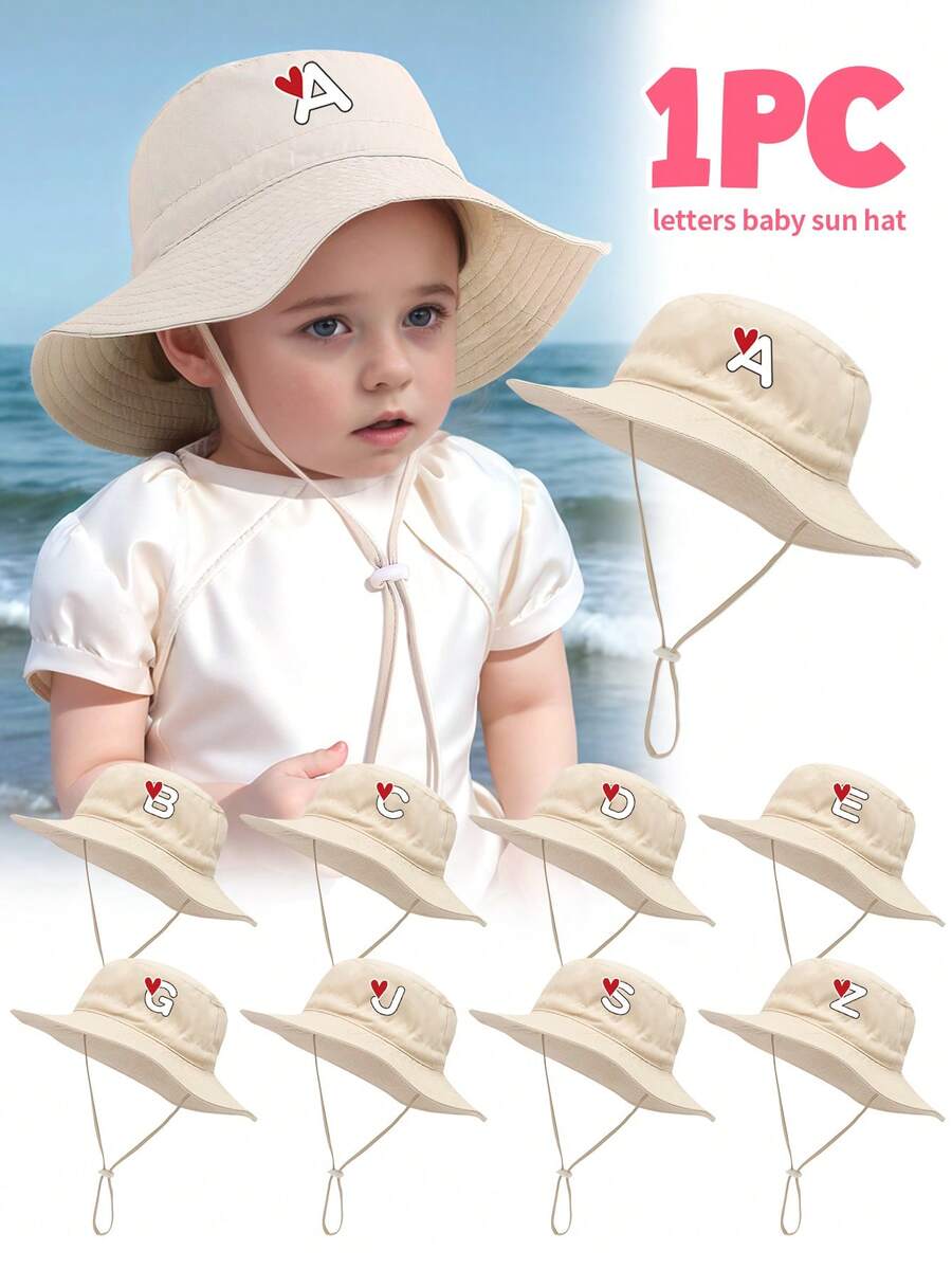 1 pieza Sombrero de sol para niños con patrón de corazón y letra, con cordón ajustable a prueba de viento, estilo casual tipo cubo para uso diario al aire libre, playa, protección solar - Beis - Ver 1
