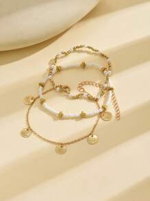 3pcs Stylish Bohemian Multilayer Beaded Sequin Anklet, Suitable For Women Beach Party Wear (Random Accessory Placement)