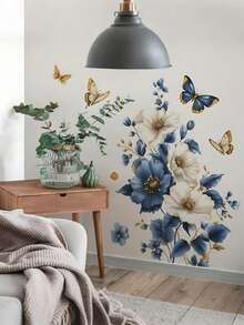 2pcs Bright 3D Blue And White Flower Wall Decals - Peel And Stick,Waterproof Decal Stickers Home Decoration Vinyl Butterfly Wall Decals For Bathroom Bedroom, Living Room, Home Decor ,Makeup Room, Can Be Given As A Graduation Gift Friend, Teens Wall Decor Room Decor Personalised Stickers Wall Stickers Wall Sticker - Multicolor - View 2