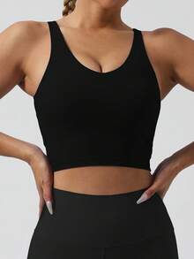 NcmRyu A Sports Bra Tank Top Solid Color Backless Wire Free Removable Padding High Elasticity Suitable For Yoga And Running  Sleek V Neck Sports Tank Top For Women Slimming Sleeveless Workout Running Crop Top With Removable Pads High Stretch Perfect For Spring Summer - Black - View 4