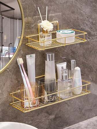 1pc Bathroom Wall Mounted Storage Rack, Metallic Gold Bathroom Organizer Shelf For Vanity, Skincare, Makeup Products, Kitchen Wall Mounted Shelf Back To School