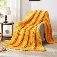 Chunky Knit Blanket - Soft Chenille Yarn Throws 40x50: Handmade Thick Cable Crochet Blanket - Large Chunky Yarn Rope Knot Throw For Couch, Sofa, Bed Home Decor - 芥末黃 - 查看 1