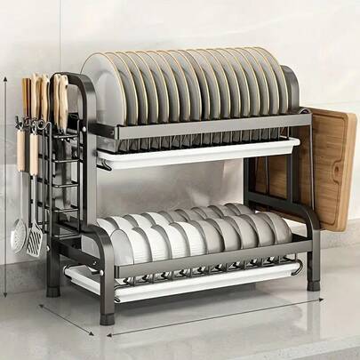 1pc Dish Rack, Double Layers Space Saving Dish Drying Rack, Countertop Household Large Capacity Dish Storage Holder, For Kitchen Countertop, Kitchen Organizers And Storage, Kitchen Accessories