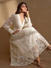 优雅V领开衩下摆女式奢华别致连衣裙 - 杏色 - 查看 5