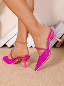 Women's Rose Red 2-Way Wear Closed Toe High Heels 7cm, Black Pointed Toe Kitten Heel Sandals, Stretchy Strap Goddess Stilettos