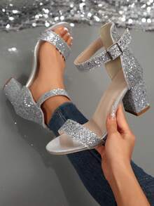 New Fashionable Women's Comfortable Thick Heel French Style High Heel Sandals, Summer,Chunky Heels - Silver - View 4