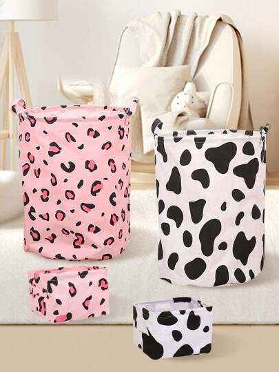 1pc Foldable Laundry Hamper, Waterproof Dirty Clothes Laundry Basket,Cow Pattern Leopard Print Fabric Bin Storage Organizer For Toy Collection College Dorms, Bedroom,Bathroom Organizer