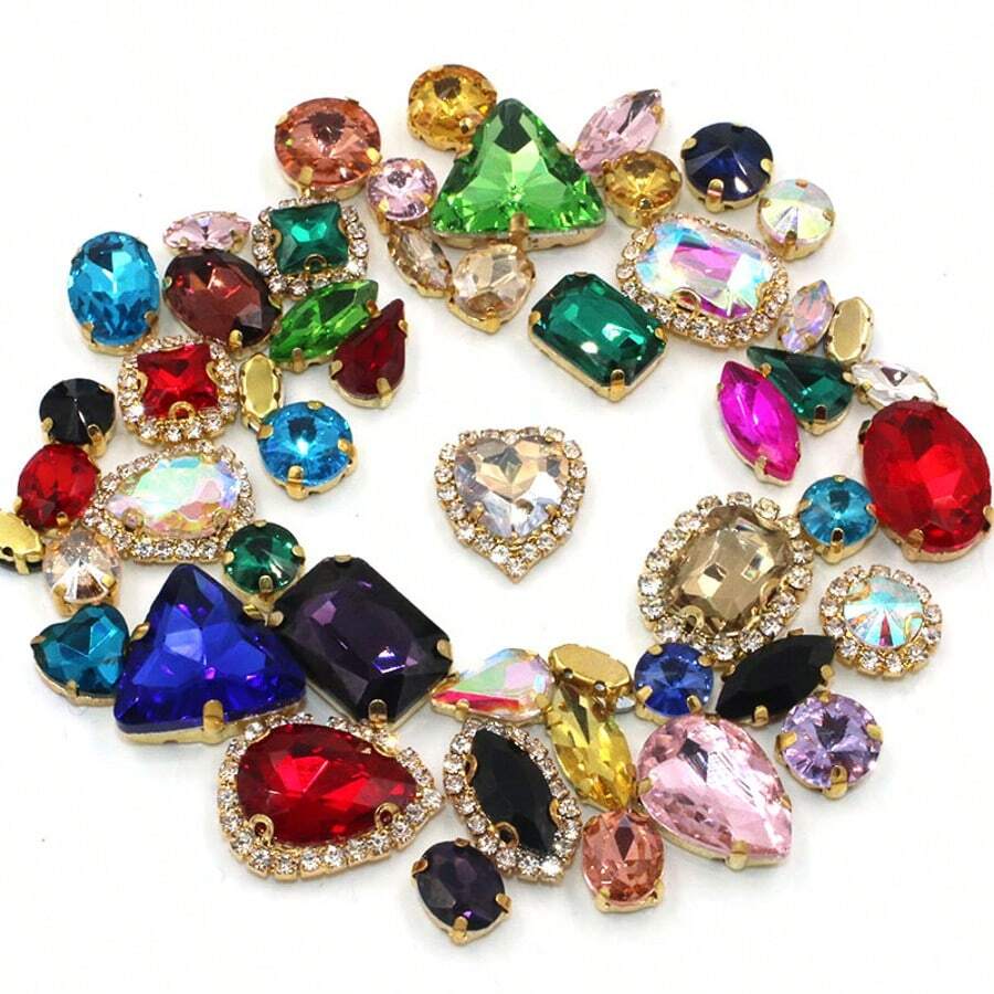 1 Pack Approx. 50pcs Gold Sew On Rhinestone, Mixed Shapes Glass Gems Metal Claw Sewing Studs Rhinestone Crystals, Silver