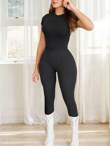 hoteel Womens Two Piece Outfits Crew Neck Fitted Casual T-Shirt High Waist Leggings Sets - 黑色 - 查看 2