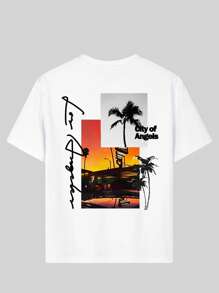 1 pieza Camiseta de manga corta con estampado de palmera blanca y puesta de sol, apta para niños y adolescentes, camiseta de verano, para estudiantes jóvenes