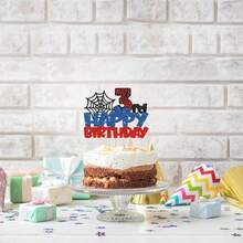 适合 1-9 岁儿童的蜘蛛生日蛋糕装饰，蜘蛛网主题生日快乐蛋糕装饰，生日派对浴室装饰用品 - 彩色 - 查看 12