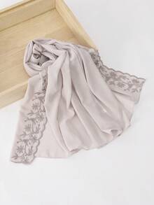 1 pieza Bufanda de mujer de unicolor con bordado de hojas de encaje y perlas falsas de gasa, elegante chal de moda malasia e indonesia para vestido - multicolor - Ver 14