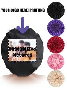 1PC Custom Photo /Pictures Logo Hair Bonnet Plain Satin Caps For Women With Long Elastic Band Stretchy Tie Sleep Night Hats Beauty Shower Cap, A Hair Care Cap And A Satin Nightcap For Women's Care.