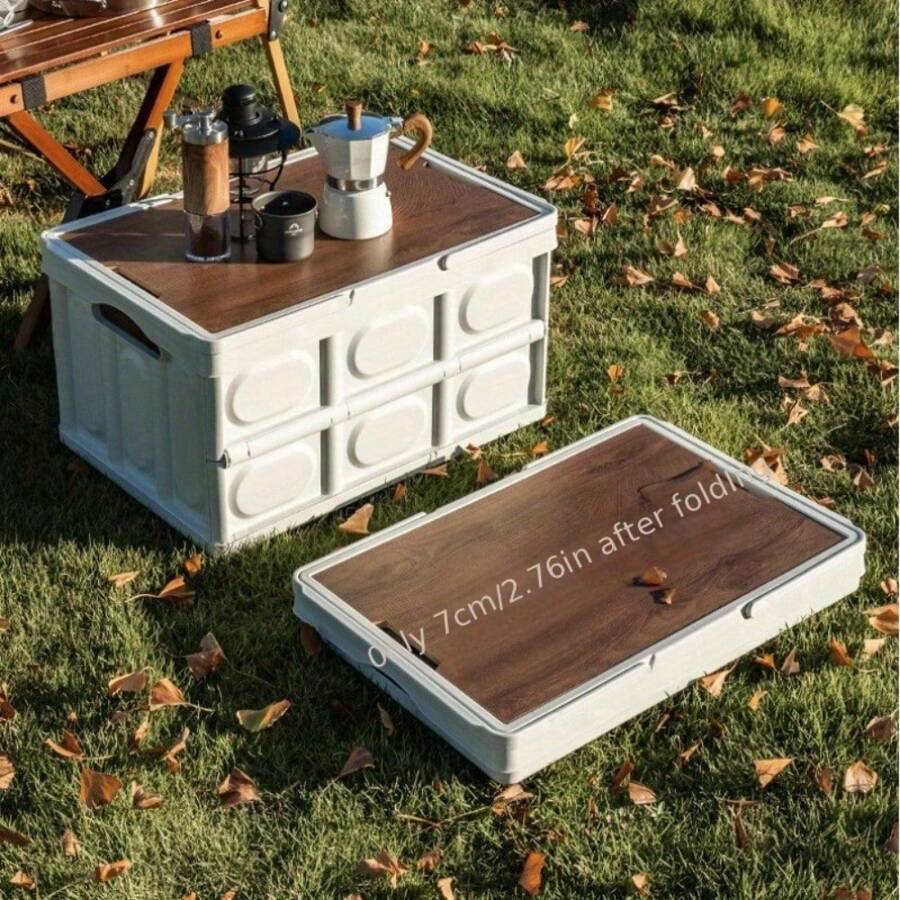 1PC PP Foldable Outdoor Camping Storage Box – Multifunctional Picnic Organizer With Wooden Lid & Carry Handle | Portable Clothes/Garden Gear Trunk | Universal For Car, Patio, Family Outings & Home Use | Beach Essential