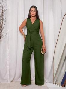 Long Wrap Jumpsuit With V-Neckline - Army Green - View 3