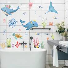 Decoração Simples de Outono Adesivo de Banheira com Animais do Oceano Azul, Adesivo de Parede para Decoração de Banheiro com Golfinho Azul do Mar e Água-Viva, Decalque Autoadesivo de Banheira, Adesivo de Decoração de Parede de Bottom de Banheira, Adesivo de Decoração de Banheiro Doméstico Volta às Aulas