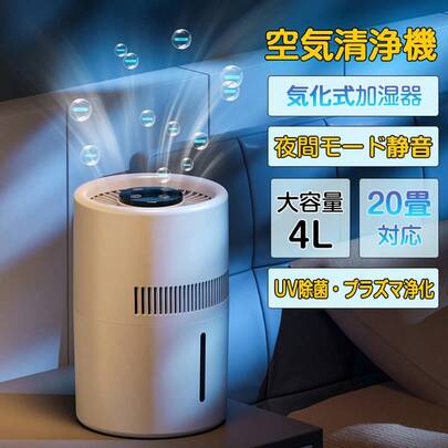 空気清浄機 加湿器 気化式加湿器 大容量 4L 最大25畳対応 3重除菌 ペット消機　上部給水 加湿機 自動湿度調整 タイマー付き マイナスイオン搭載除菌 お手入れ簡単 超静音 省エネ 節電 USB給電式 乾燥対策 ウイルス対策