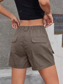 Cargo Shorts For Women Casual Summer Elastic High Waisted Button Up Comfy Cotton Hiking Shorts With Pockets - 棕色 - 查看 2
