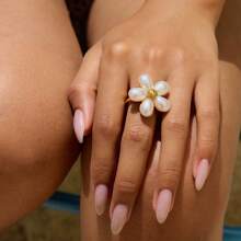 S SHOPBOHO 1pc Stainless Steel Finger Ring Chunky Jewelry Girls Party Outfit Large Irregular Faux Pearl Gold Ring