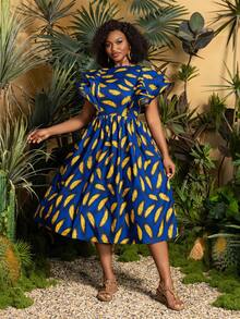 女士圆领荷叶袖 A 字中长连衣裙 - 宽松版型大码日装，适合休闲外出、海滩度假、周末早午餐、公园漫步和日常差事 - 藍色 - 查看 7