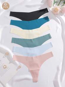 6pcs/Pack Women's V-Shape Waistline Design Seamless Low-Rise Thong Panties, Multiple Colors - Multicolor - View 1