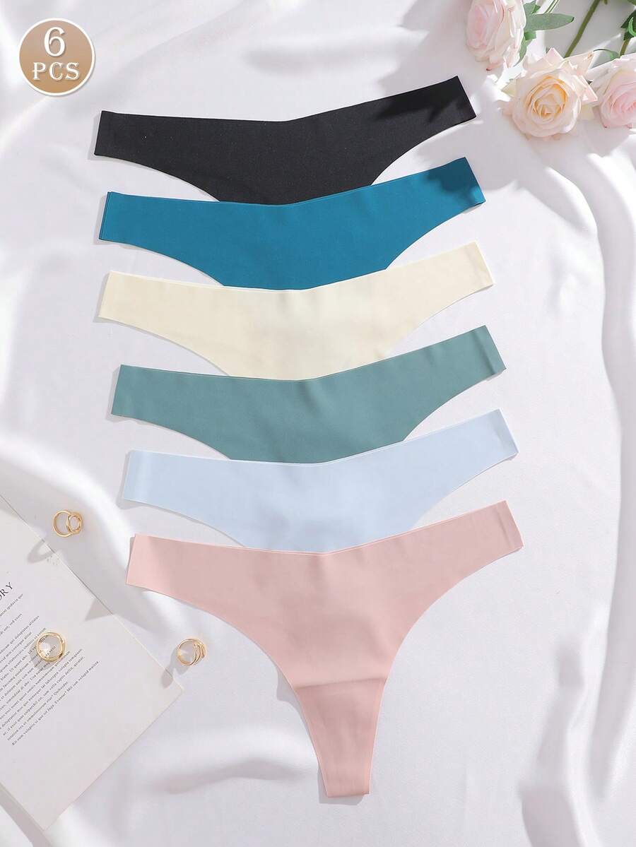 6pcs/Pack Women's V-Shape Waistline Design Seamless Low-Rise Thong Panties, Multiple Colors - Multicolor - View 1