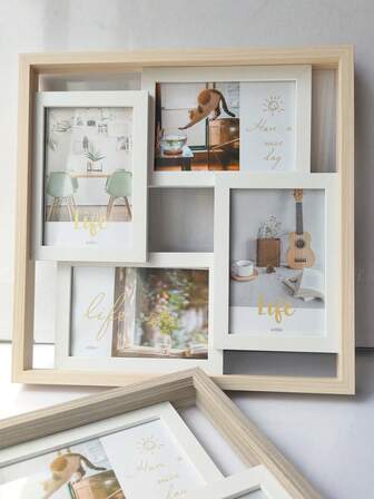 1件天然木质6英寸不对称4件套壁挂式相框，简约优雅，含随机图片