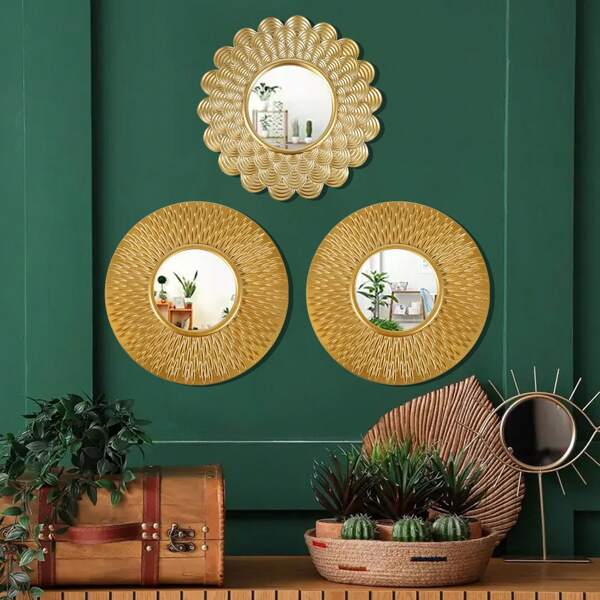 3 Stücke/Set Wandspiegel Dekor aus Kunststoff in antik goldfarbener, kleine Spiegel, Heimdekoration mit Wandhaken, bietet vintage Sonnenblumendekorationen für Wohnzimmer, Schlafzimmer, Esszimmer