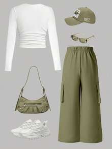 Tween Girls' Letter Print Long Sleeve T-Shirt And Cargo Pants Set - White - View 2