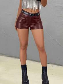 Blazique Yuwenier Punk Pu Daahter Skinny Eo Cao Mini Co Giãn Nút Phía Trước Túi Xiên Ngắn Tiệc Sinh Nhật Trang Phục Cho Phụ Nữ - Màu Đỏ Sâu - Xem 3