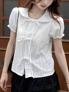Sweet Ruffled Collar Tied Bow Puff Sleeve Blouse For Women, Fresh & Versatile Crop Top, Summer White - White - View 5