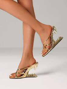 Metallic Teeth Heels Mules For Women Fashion Open Toe Wedges High Heeled Slip On Party Sexy Slingback Slides Sandals Woman - Guld A - Visa 5