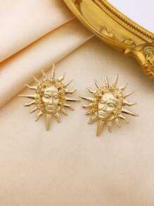 1 Pair Unisex Bohemian Beach Holiday Golden Face Sun Shape Earrings, Sun God Design Earrings