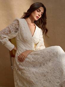 优雅V领开衩下摆女式奢华别致连衣裙 - 杏色 - 查看 8