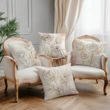 4pcs/Set Bohemian Line Rose Print Throw Pillow Covers, 17.7*17.7in (45*45cm), Single-Sided Printing, Polyester Cushion Covers For Sofa, Bed, Living Room, Bedroom, Car, Office, Hotel Decoration, Great Gift For Family And Friends, All-Season