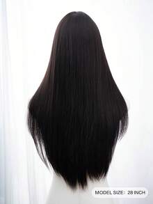 1件合成耐熱直髮假髮，黑棕色附瀏海，纖維材質，適合日常佩戴，自然逼真（不含配件），萬聖節 - Black-brown - 查看 6