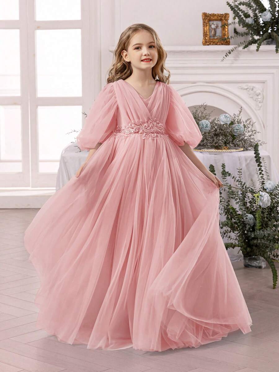 Tween Girl Pink Lace Embroidered Bow Mesh Party Elegant Dress, Princess Dress Suitable For Girls Birthday Party, Banquet, Formal Occasion, Prom, Wedding Flower Girl - 粉色 - 查看 1